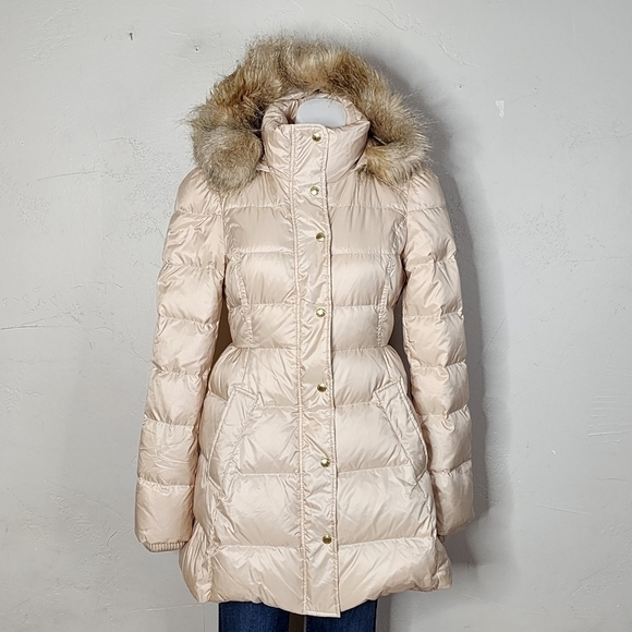Vintage Juicy Couture Rose Gold Hooded Puffer Coat with Fur Trim Size Medium - Picture 1 of 16